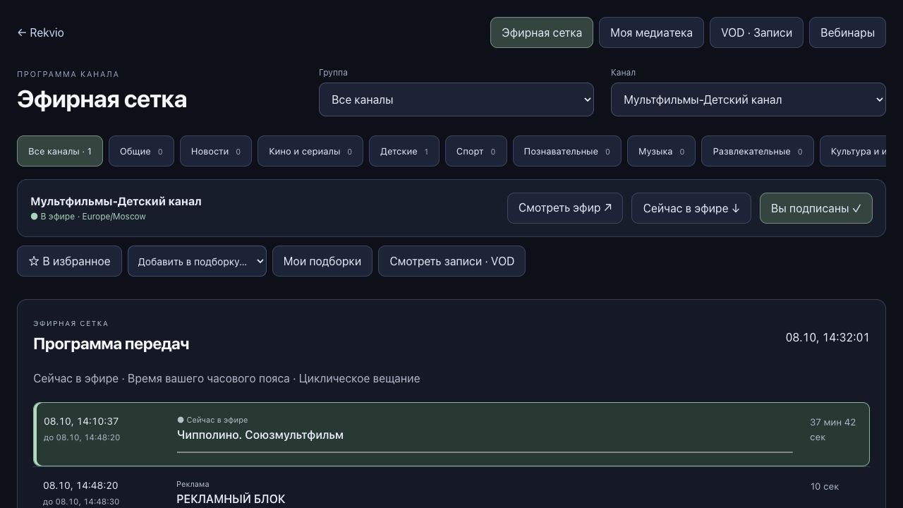 Эфирная сетка: канал, текущая передача и ближайшие слоты