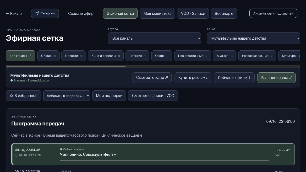 Реальная эфирная сетка Rekvio: выбор канала, текущая передача, переход к рекламе и записям